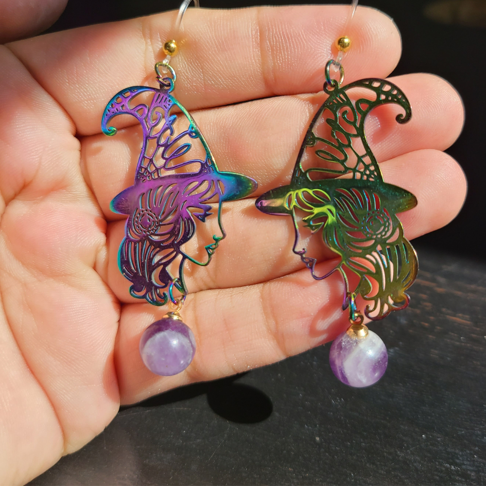 AMETHYST CRYSTAL BALL WITCH | Dangly Earrings