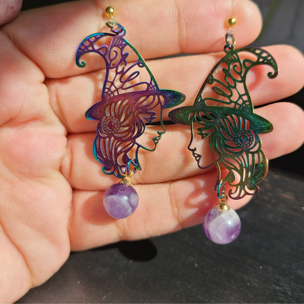 AMETHYST CRYSTAL BALL WITCH | Dangly Earrings